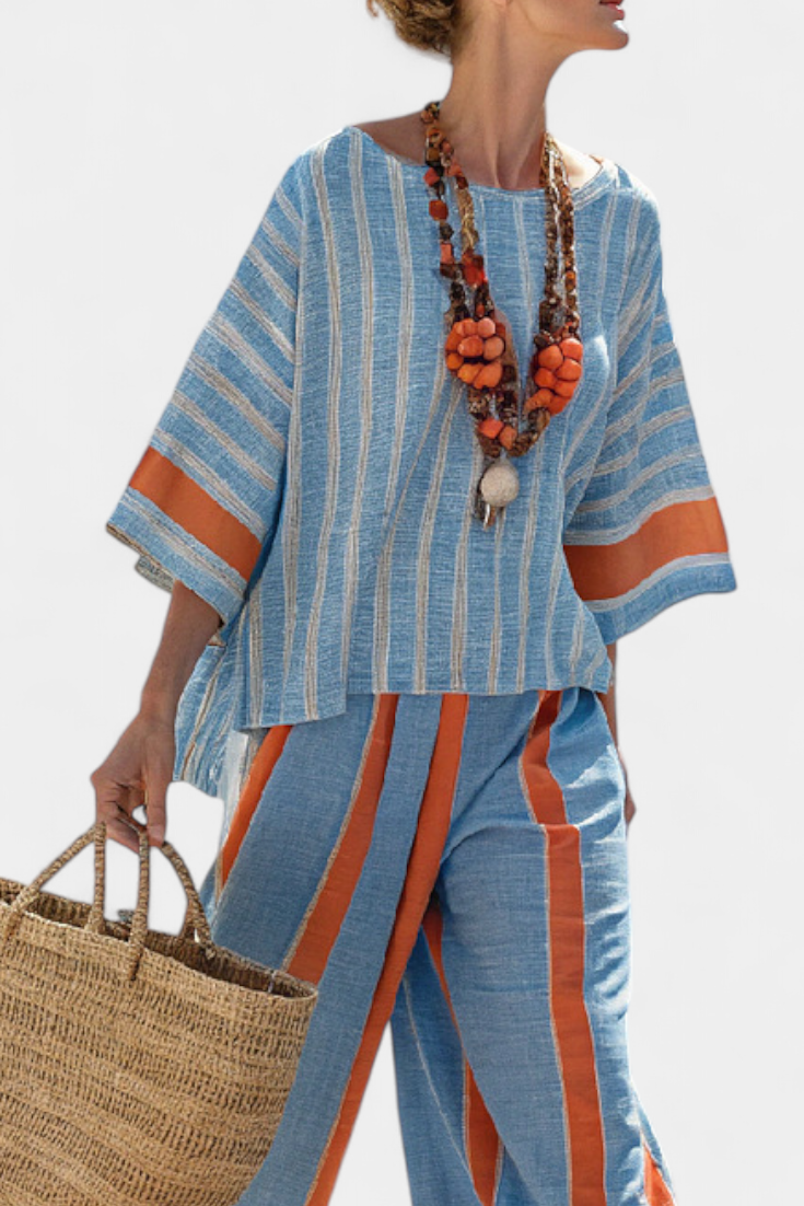 Velmere | Sophisticated Terracotta Striped Top &amp; Linen Pants - Maison Léa &amp; Lou