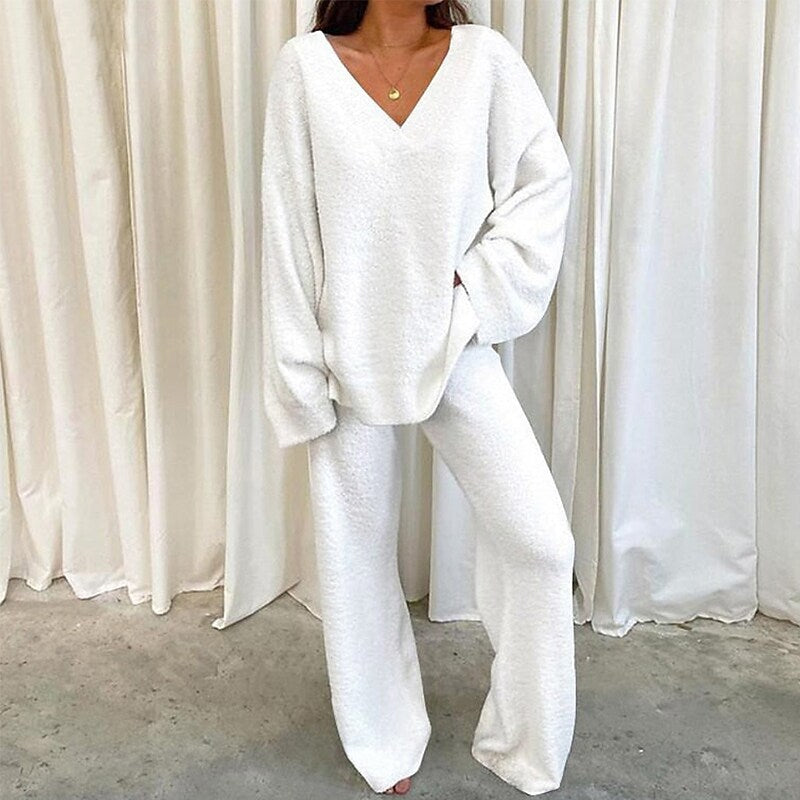 MULANA™ - Chic V-Neck Top and Wide Leg Pants Set - Maison Léa &amp; Lou