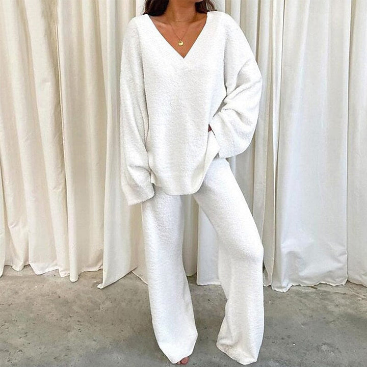 MULANA™ - Chic V-Neck Top and Wide Leg Pants Set - Maison Léa &amp; Lou