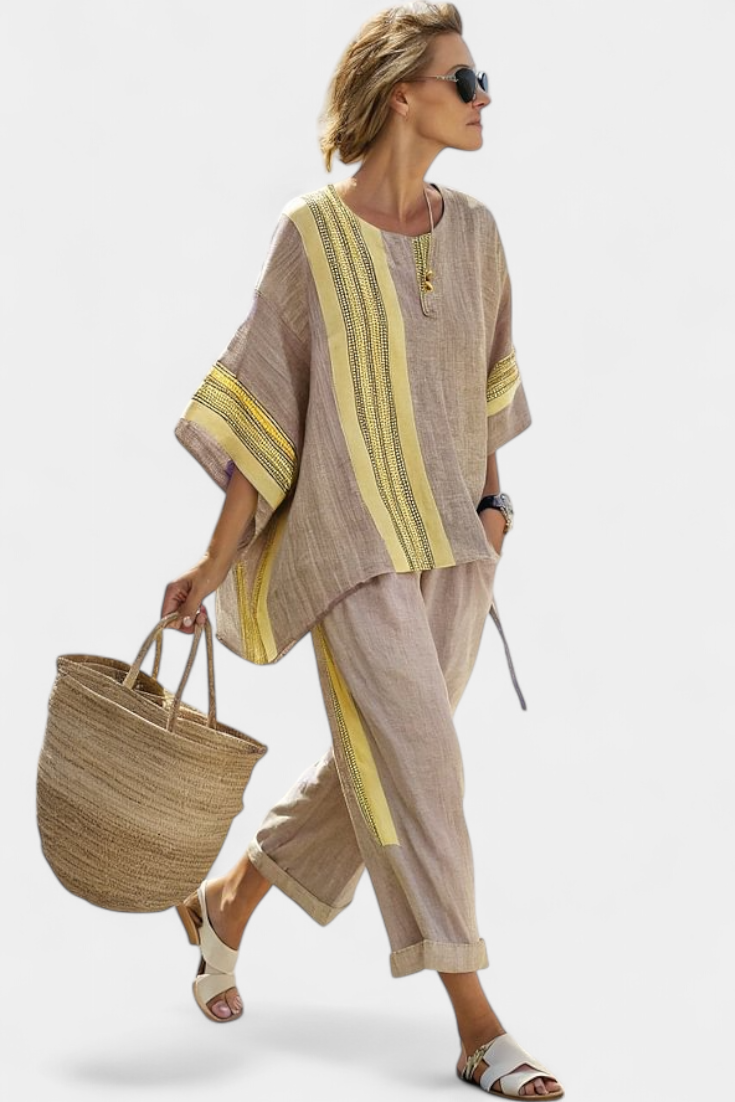 Elowric | Elegant Lavender Top &amp; Mustard Striped Pants - Maison Léa &amp; Lou