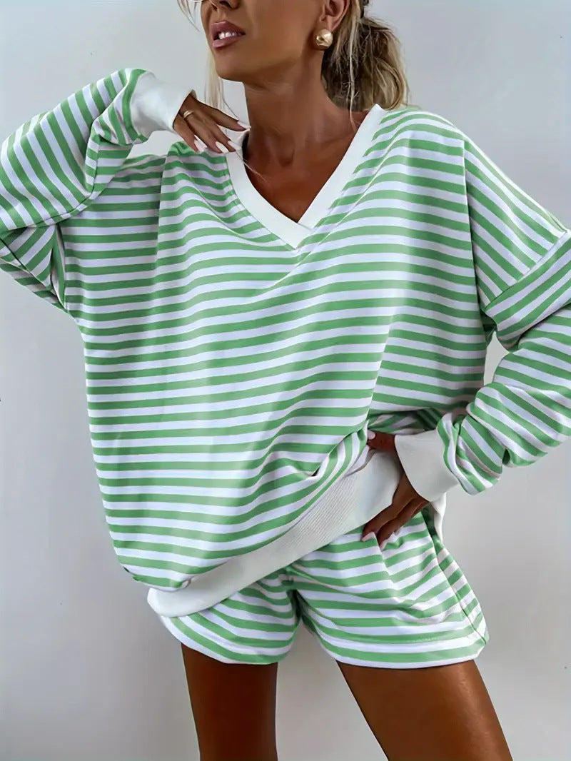 NOLANI™ – Relaxed Fit Striped V-Neck Lounge Set - Maison Léa &amp; Lou