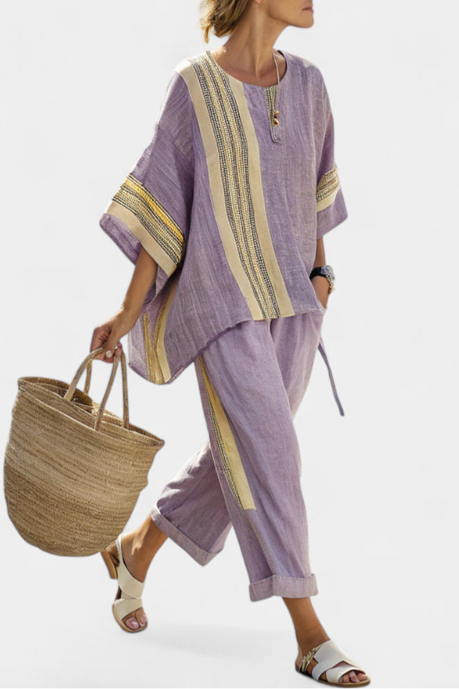 Elowric | Elegant Lavender Top &amp; Mustard Striped Pants - Maison Léa &amp; Lou