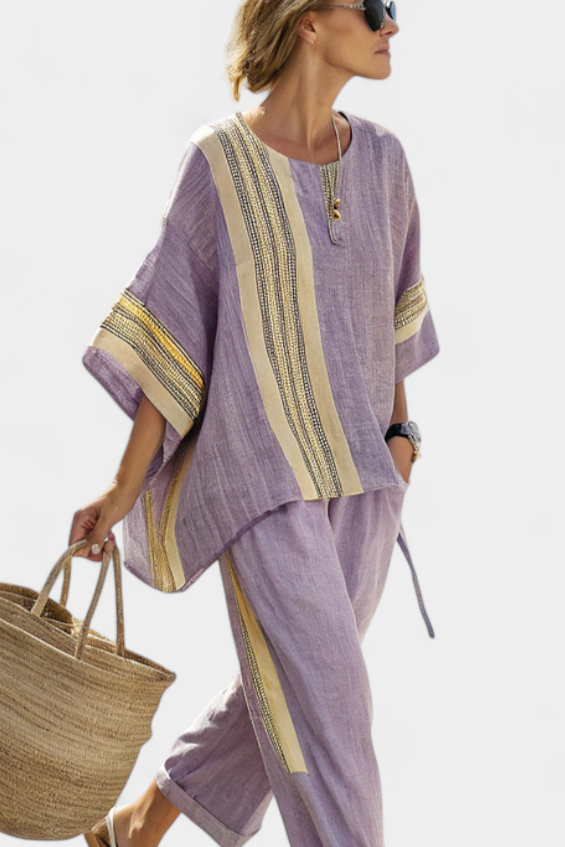 Elowric | Elegant Lavender Top &amp; Mustard Striped Pants - Maison Léa &amp; Lou