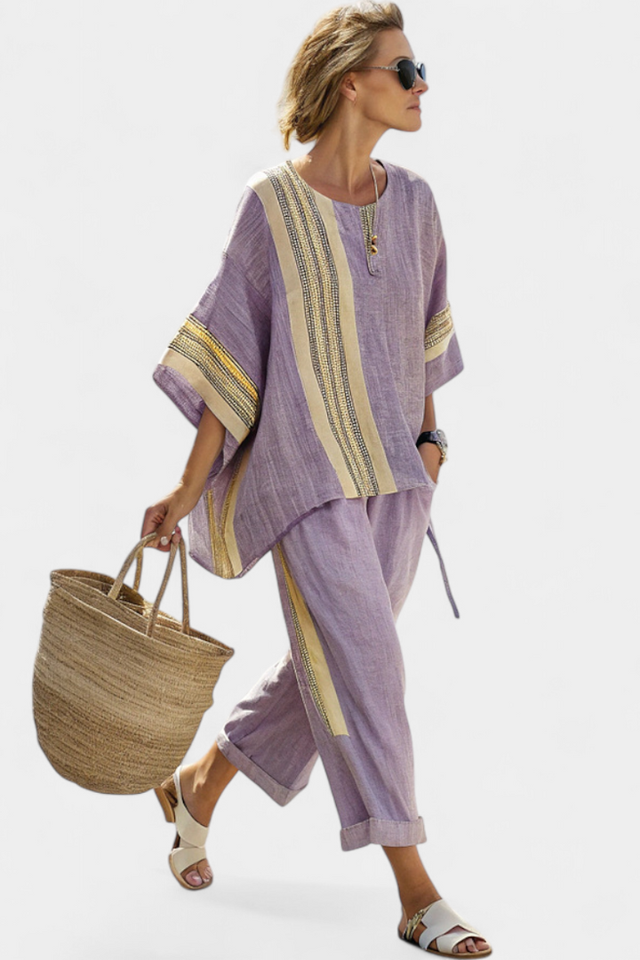 Elowric | Elegant Lavender Top &amp; Mustard Striped Pants - Maison Léa &amp; Lou