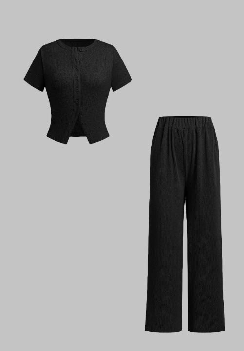 MIRANDA™ - Casual Button Front Top and Wide Leg Pants Set