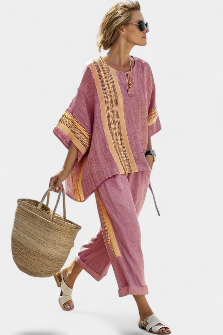 Elowric | Elegant Lavender Top &amp; Mustard Striped Pants - Maison Léa &amp; Lou