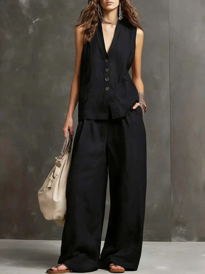 Completo due pezzi in cotone e lino con gilet senza maniche e pantaloni a gamba larga