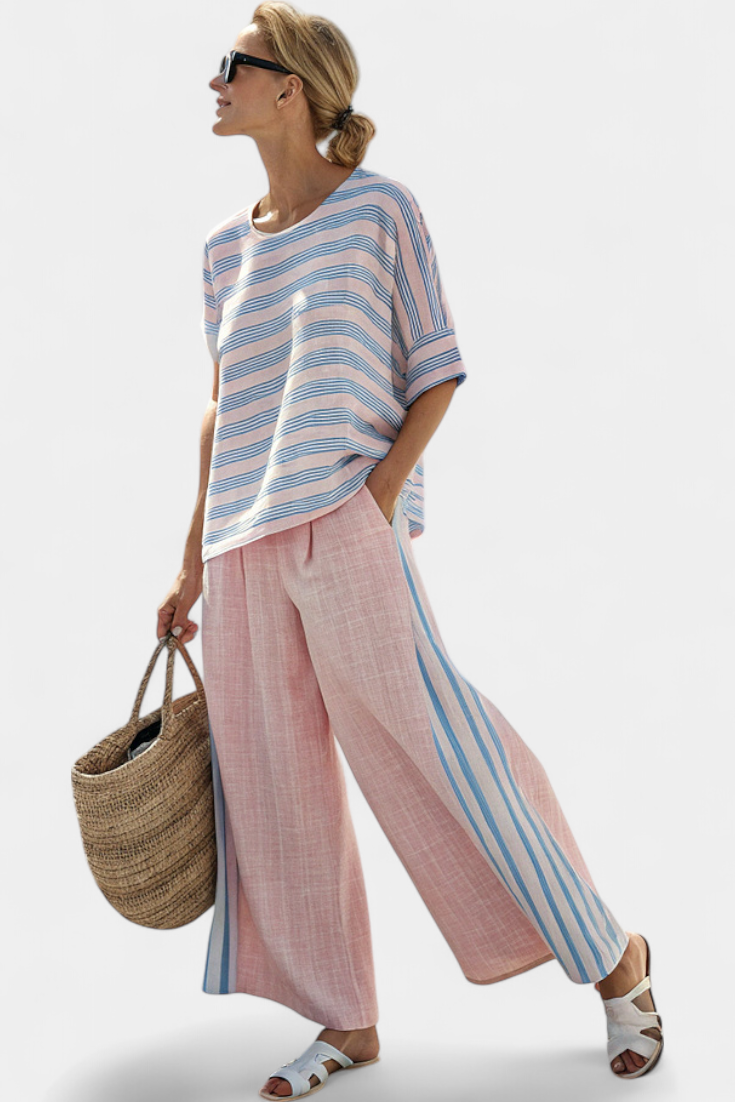 Virella | Elegant Pink-Blue Linen Blouse &amp; Soft Pants - Maison Léa &amp; Lou