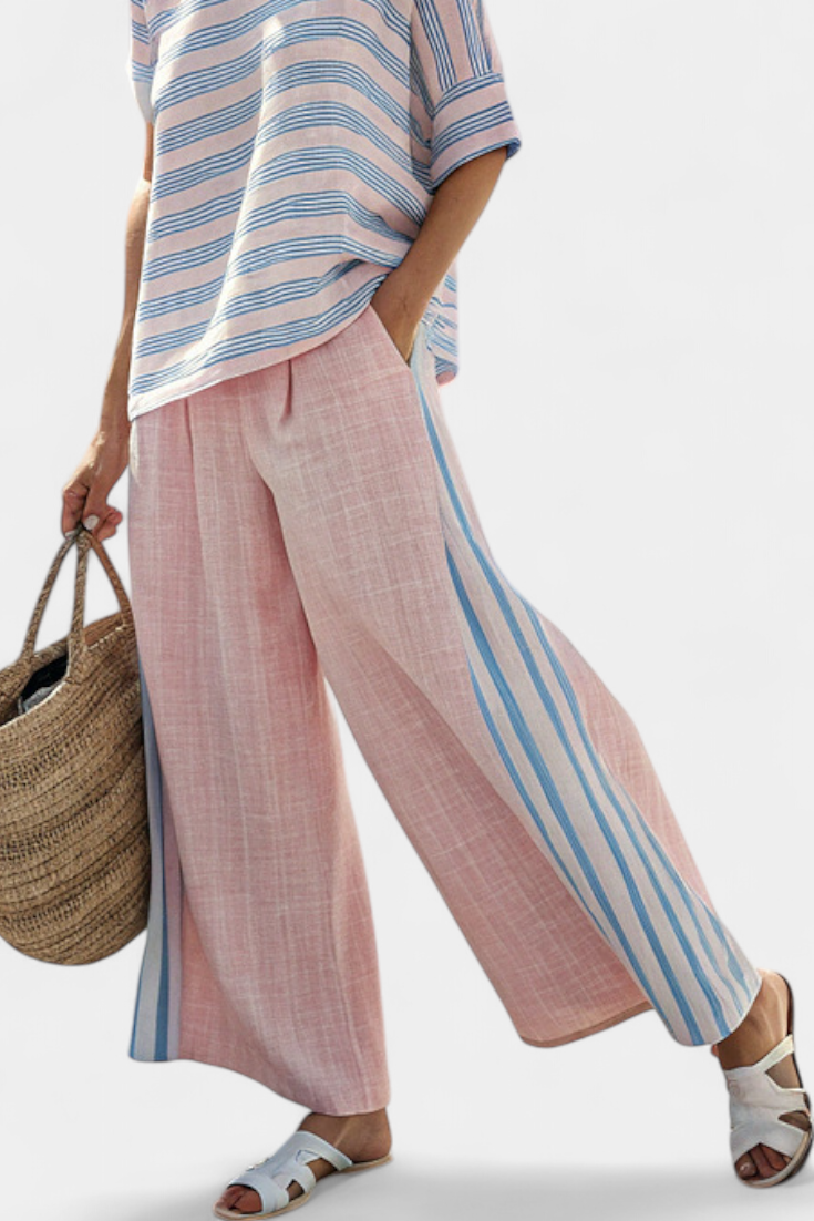 Virella | Elegant Pink-Blue Linen Blouse &amp; Soft Pants - Maison Léa &amp; Lou