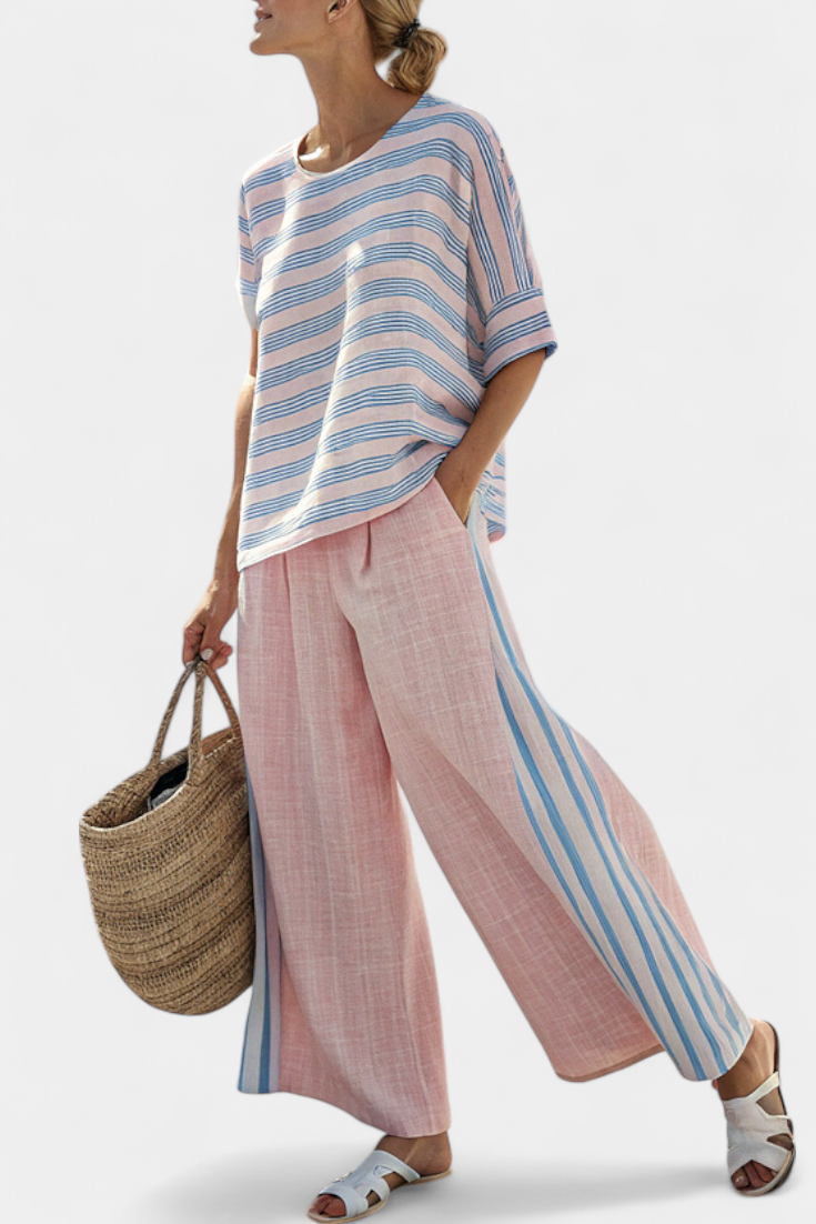 Virella | Elegant Pink-Blue Linen Blouse &amp; Soft Pants - Maison Léa &amp; Lou