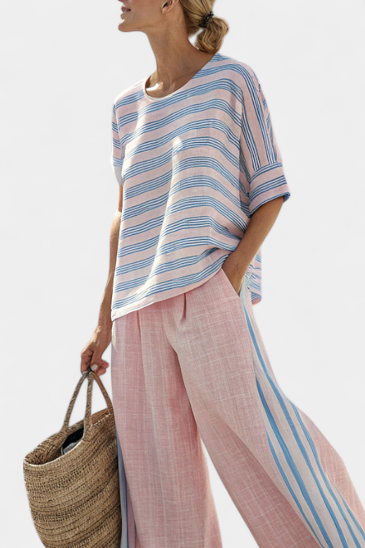 Virella | Elegant Pink-Blue Linen Blouse &amp; Soft Pants - Maison Léa &amp; Lou