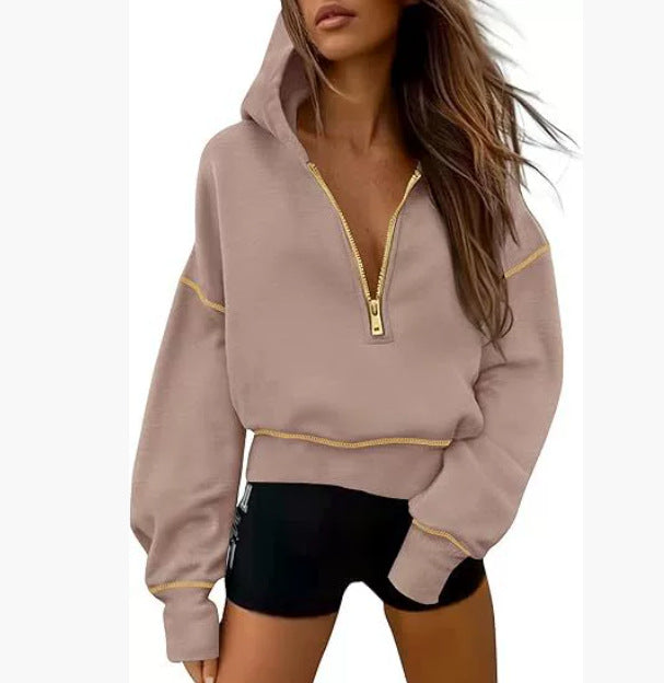 GRETEL™ - Stylish Hooded Sweatshirt with Zipper &amp; Stitching Detail for Cropped Pullover