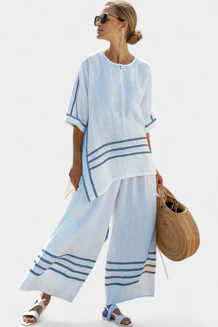Wynric | Sophisticated Striped Asymmetrical Top &amp; Bold Pants - Maison Léa &amp; Lou