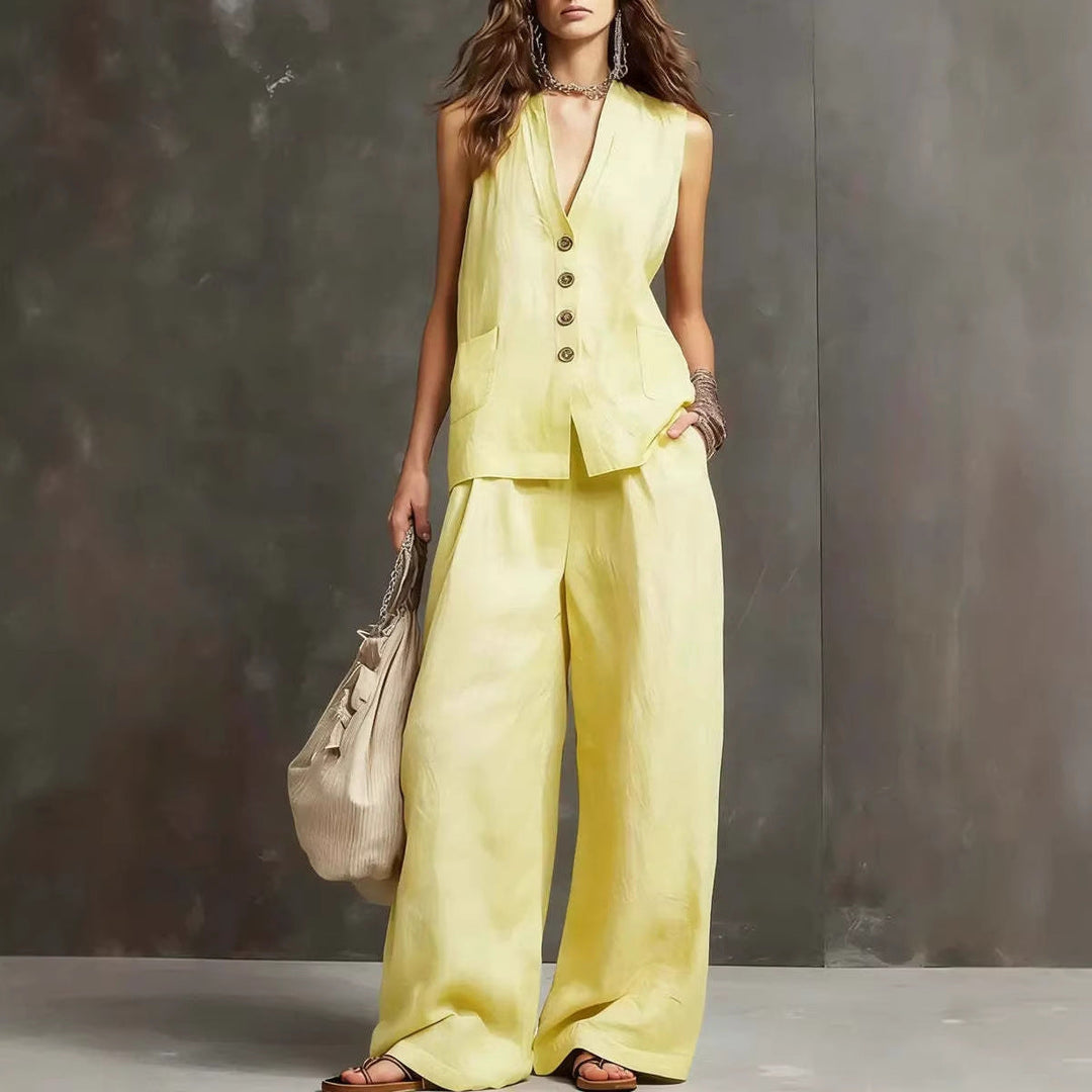 Completo due pezzi in cotone e lino con gilet senza maniche e pantaloni a gamba larga