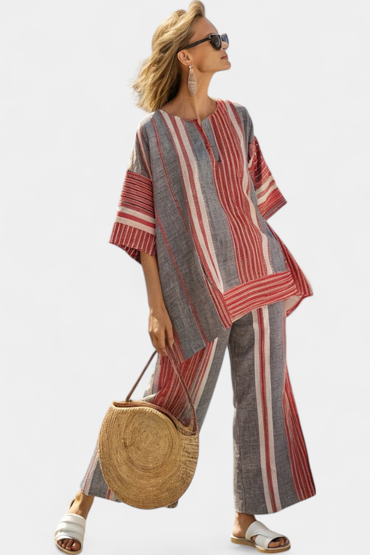 Bravine | Elegant Coral-Gray Linen Top &amp; Wide-Leg Pants - Maison Léa &amp; Lou