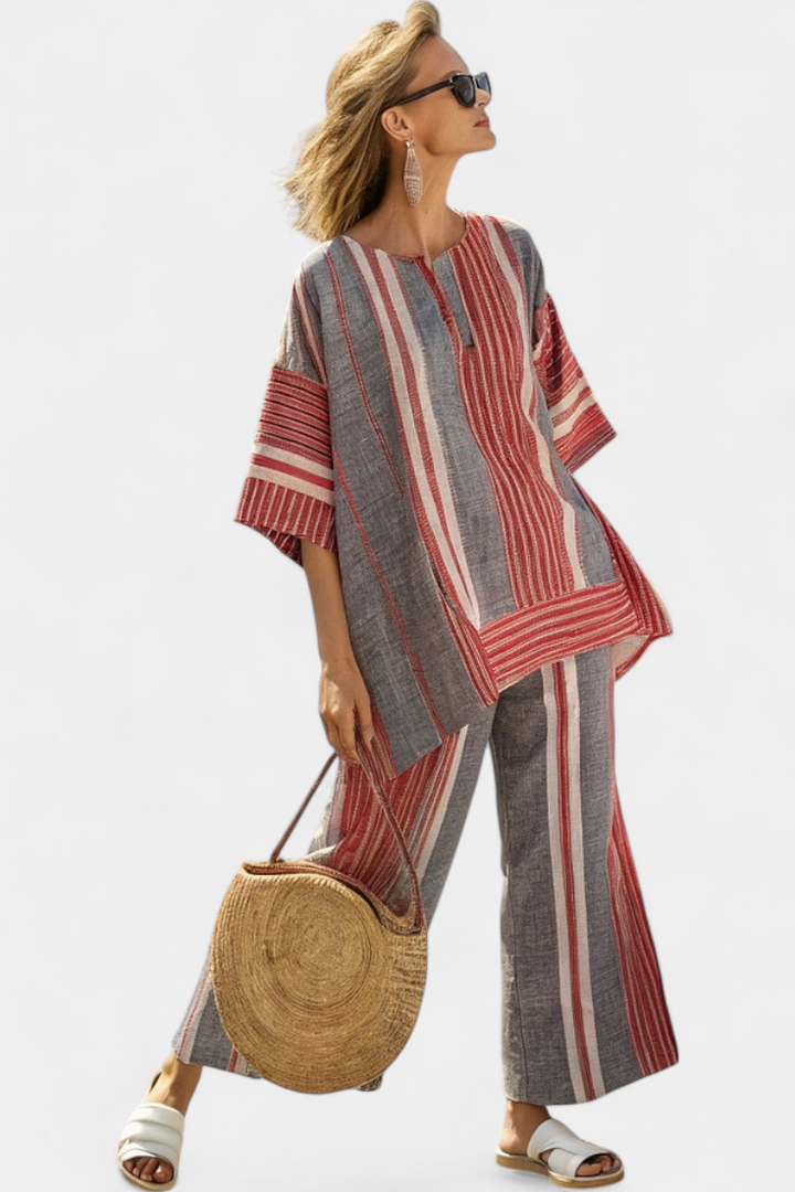Bravine | Elegant Coral-Gray Linen Top &amp; Wide-Leg Pants - Maison Léa &amp; Lou