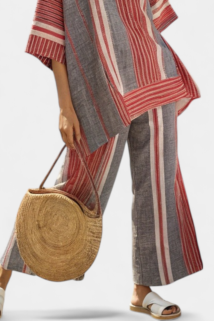Bravine | Elegant Coral-Gray Linen Top &amp; Wide-Leg Pants - Maison Léa &amp; Lou