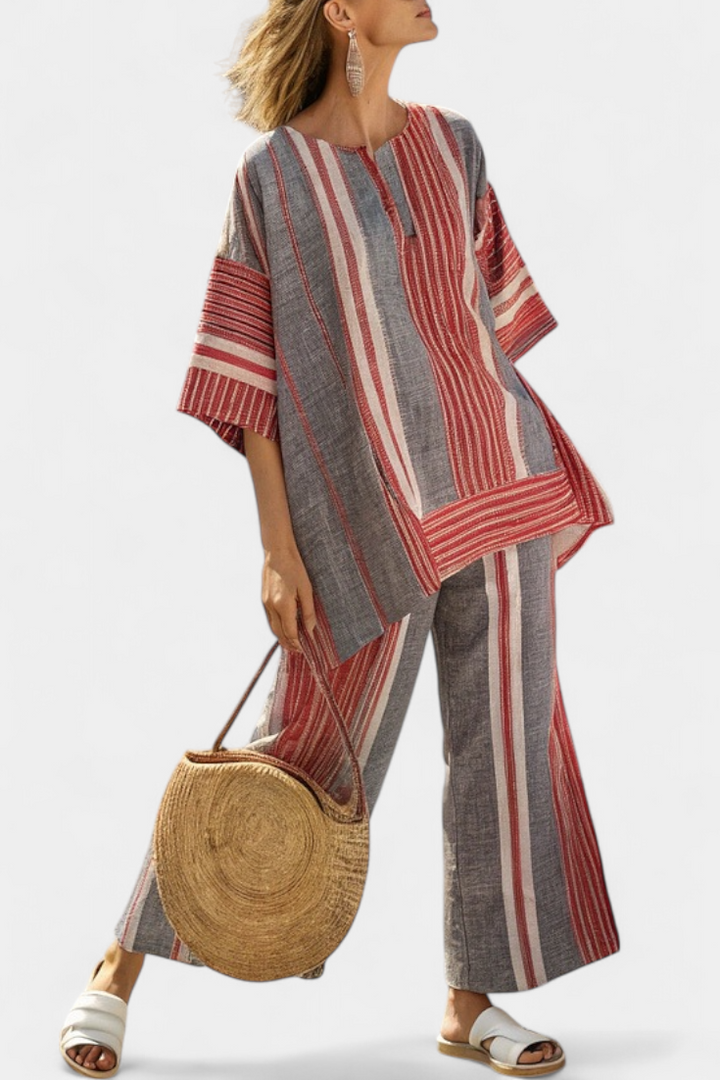 Bravine | Elegant Coral-Gray Linen Top &amp; Wide-Leg Pants - Maison Léa &amp; Lou