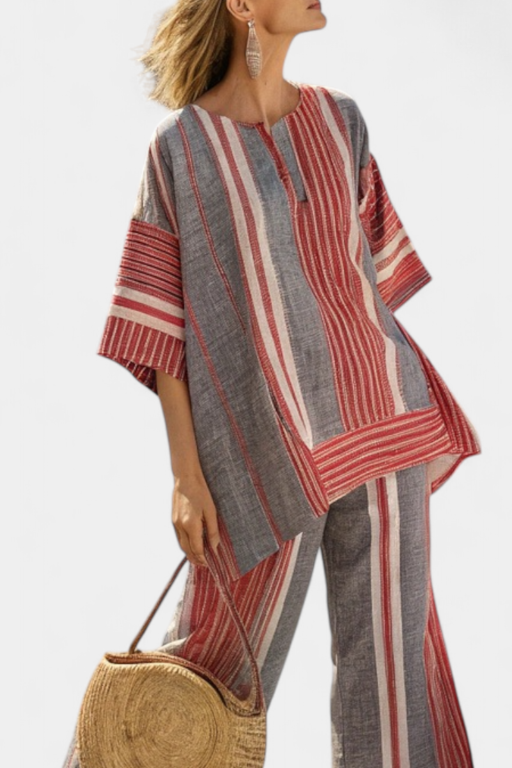 Bravine | Elegant Coral-Gray Linen Top &amp; Wide-Leg Pants - Maison Léa &amp; Lou