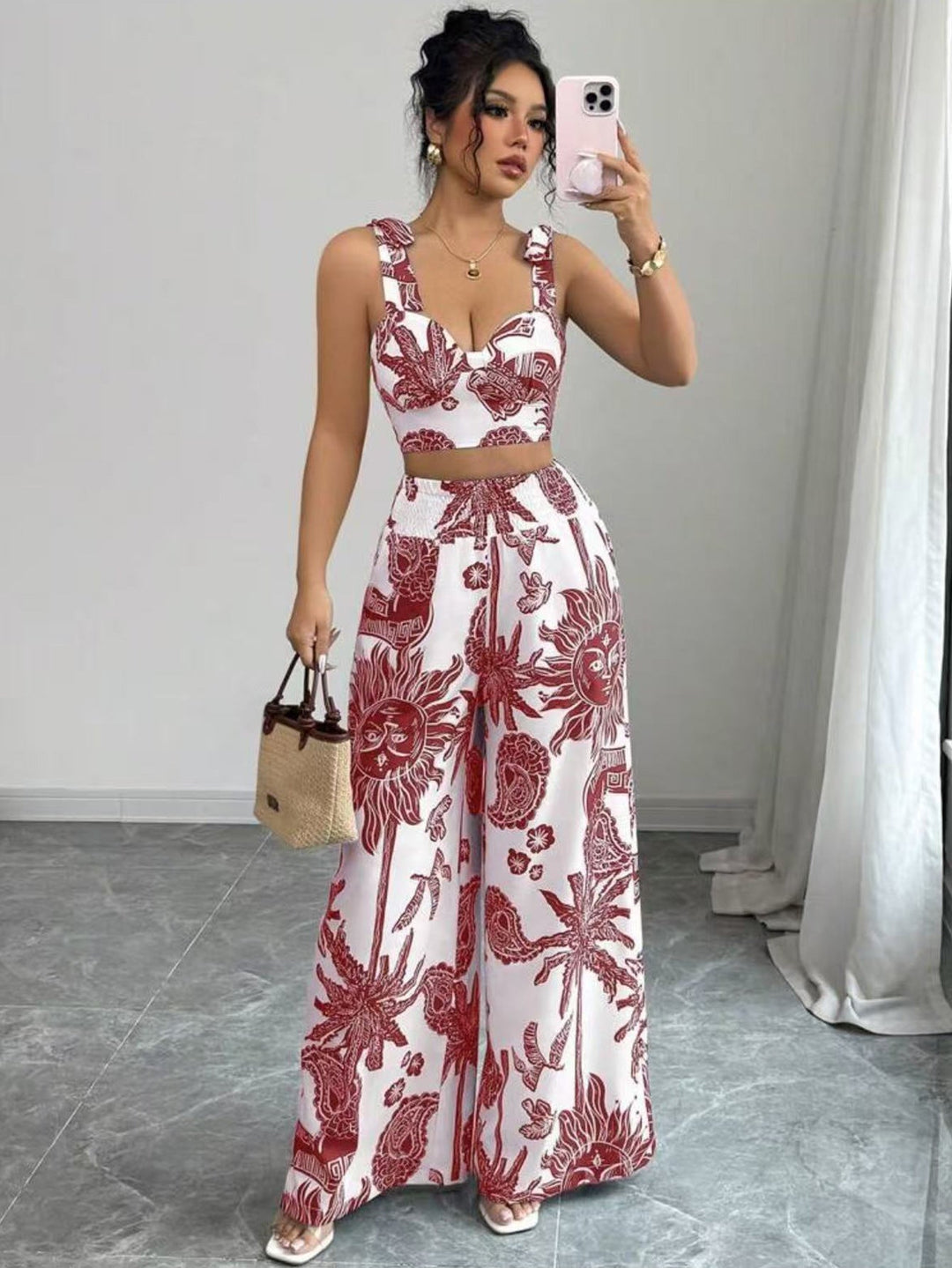THAWDI™ - Elegant Boho Printed Crop and Wide Leg Pants Set