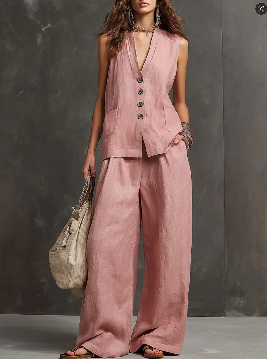 Completo due pezzi in cotone e lino con gilet senza maniche e pantaloni a gamba larga