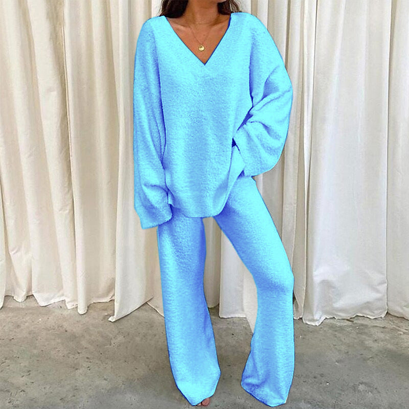 MULANA™ - Chic V-Neck Top and Wide Leg Pants Set - Maison Léa & Lou