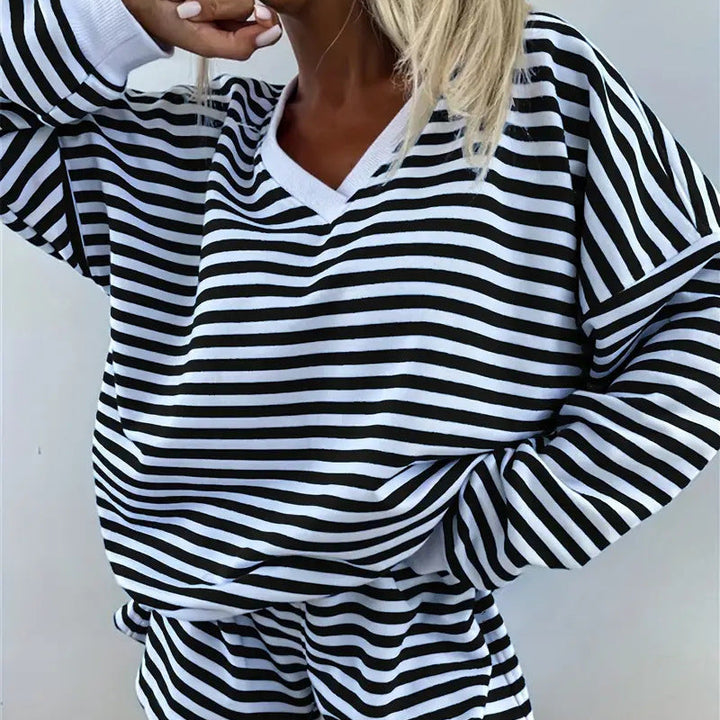 NOLANI™ – Relaxed Fit Striped V-Neck Lounge Set - Maison Léa &amp; Lou