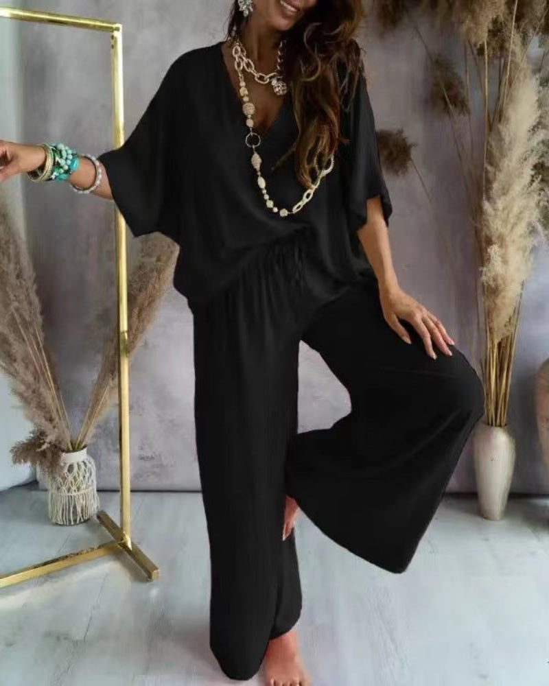 RAJA™ – Comfy Summer V-Neck and Wide-Leg Co-Ord - Maison Léa &amp; Lou