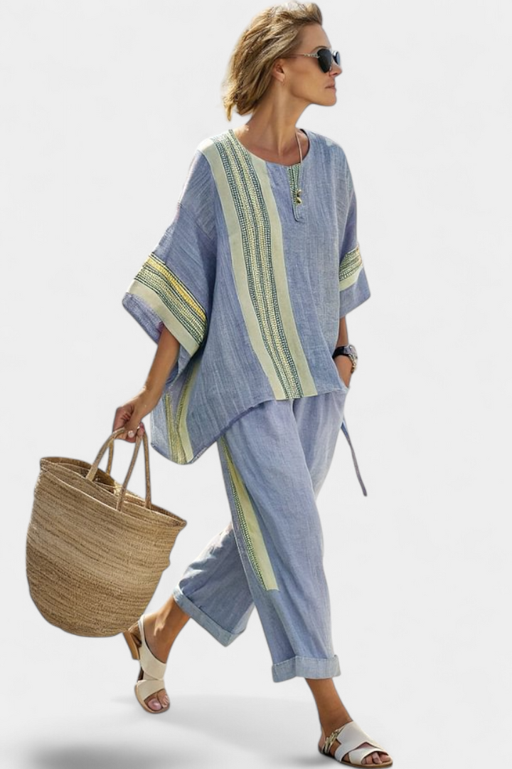 Elowric | Elegant Lavender Top &amp; Mustard Striped Pants - Maison Léa &amp; Lou