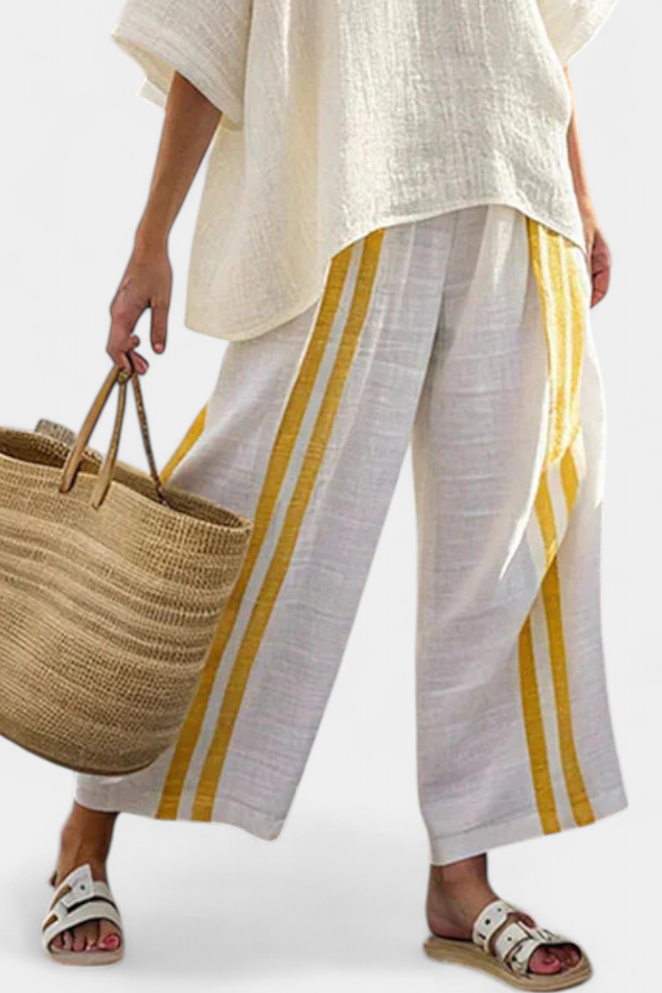 Anselor | Elegant Yellow Striped Linen Top &amp; Wide-Leg Pants - Maison Léa &amp; Lou