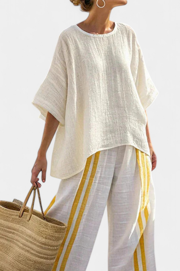 Anselor | Elegant Yellow Striped Linen Top &amp; Wide-Leg Pants - Maison Léa &amp; Lou