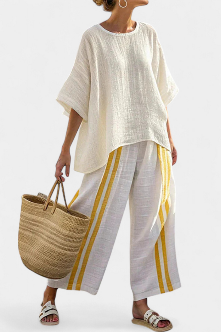 Anselor | Elegant Yellow Striped Linen Top &amp; Wide-Leg Pants - Maison Léa &amp; Lou