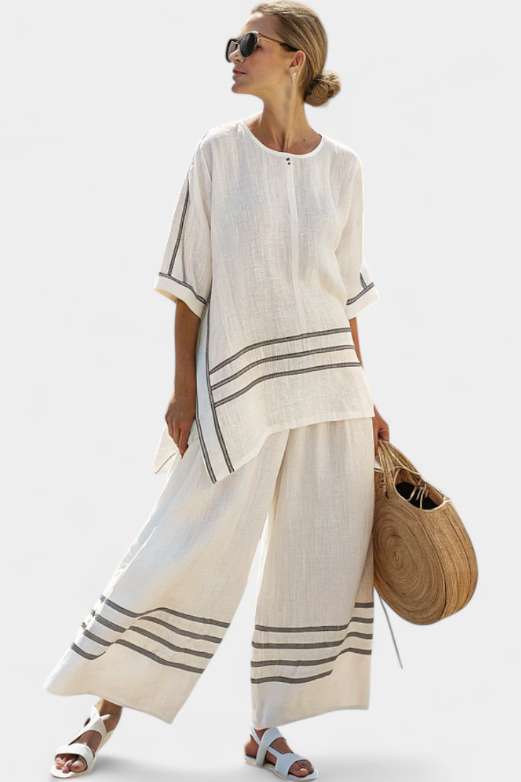 Wynric | Sophisticated Striped Asymmetrical Top &amp; Bold Pants - Maison Léa &amp; Lou