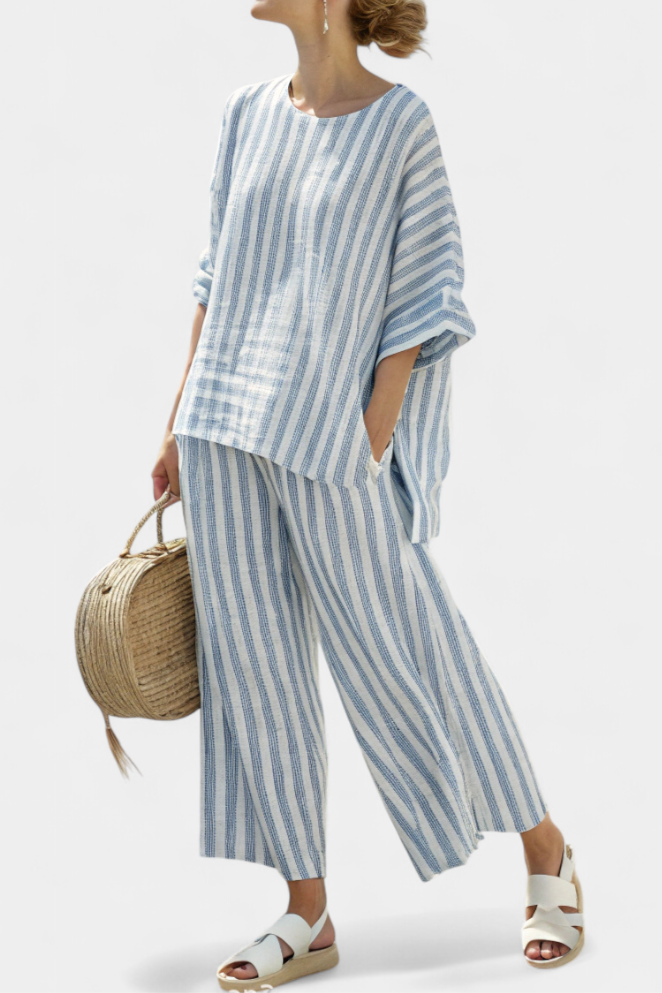Rensleigh | Sophisticated Blue Striped Linen Top &amp; Relaxed Pants - Maison Léa &amp; Lou
