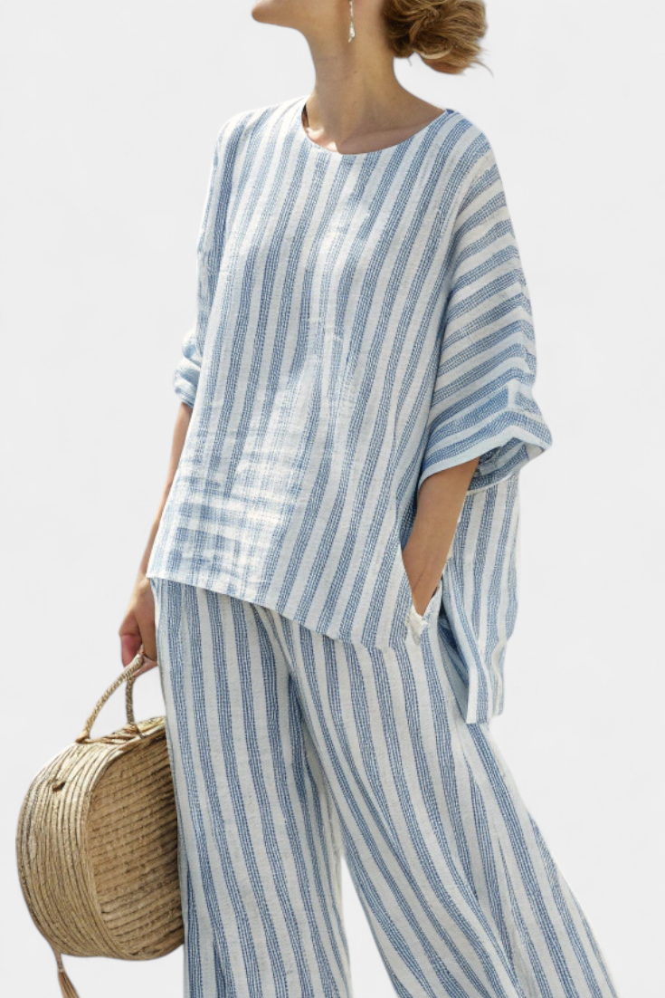 Rensleigh | Sophisticated Blue Striped Linen Top &amp; Relaxed Pants - Maison Léa &amp; Lou