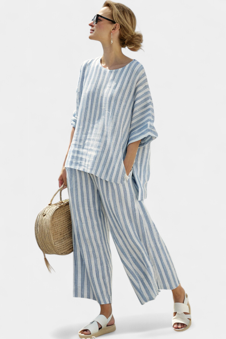 Rensleigh | Sophisticated Blue Striped Linen Top &amp; Relaxed Pants - Maison Léa &amp; Lou