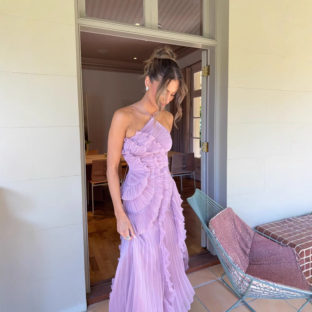 REGINE™ - Elegant Halter Neck Lotus Summer Maxi Dress - Maison Léa & Lou