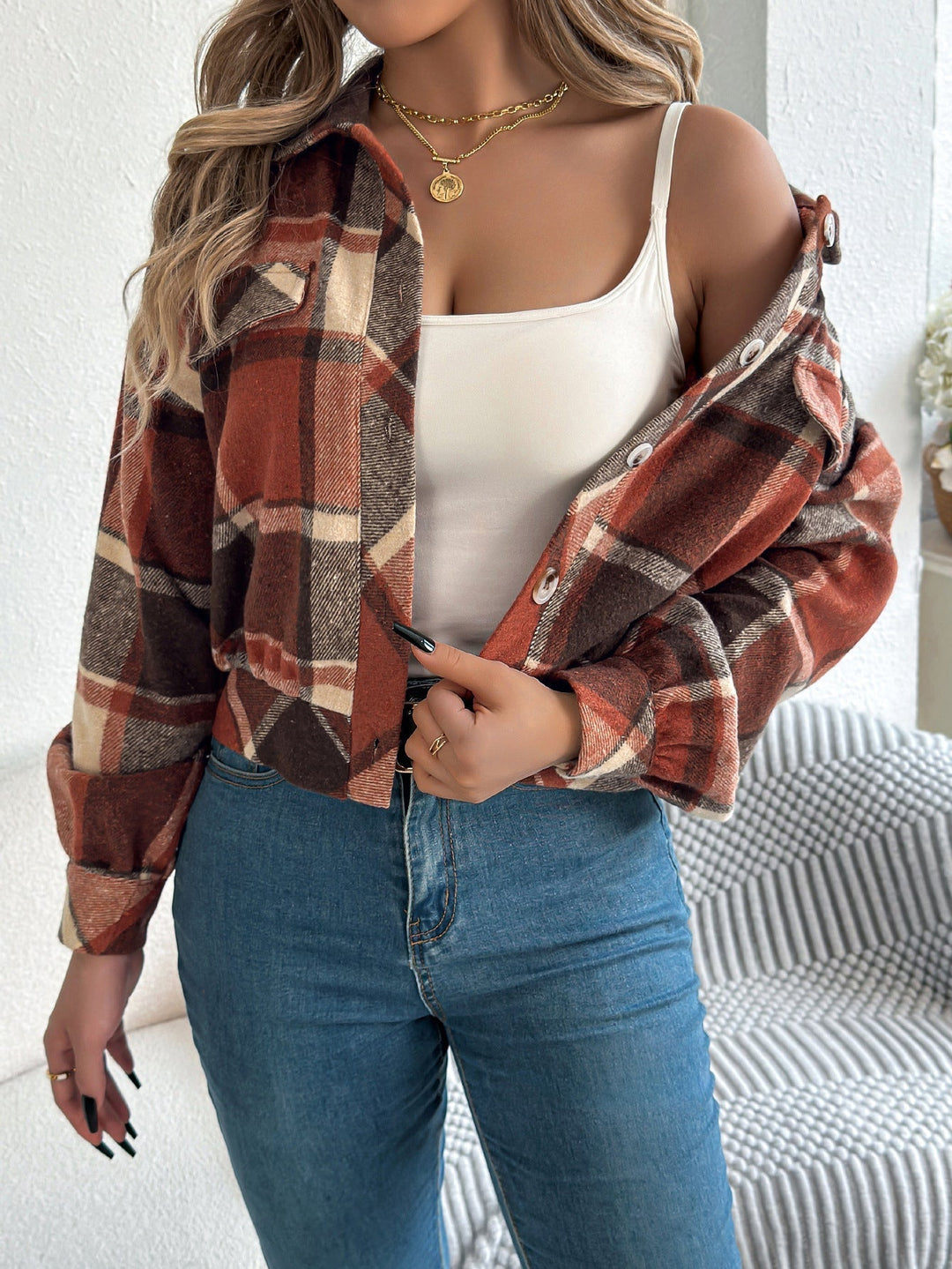 COVA™ - Casual Plaid Button Front Long Sleeve Jacket - Maison Léa &amp; Lou