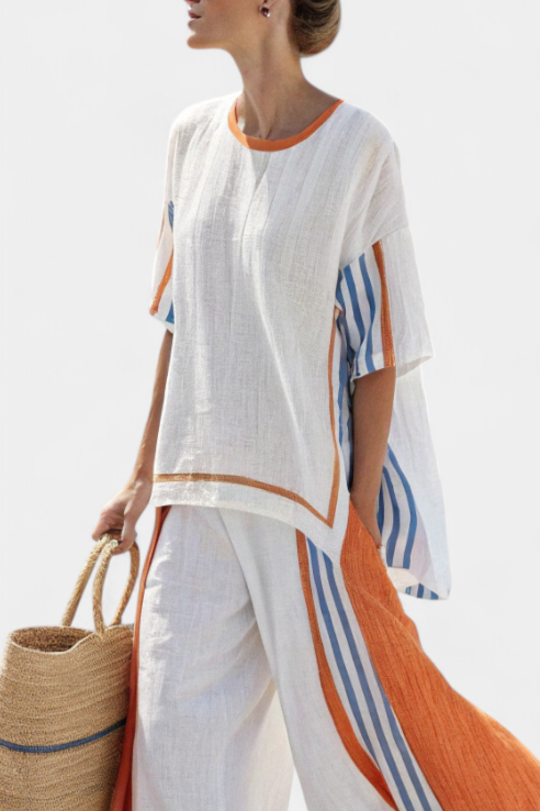 Thorneil | Comfortable Wide-Leg Striped Pants &amp; Linen Top - Maison Léa &amp; Lou