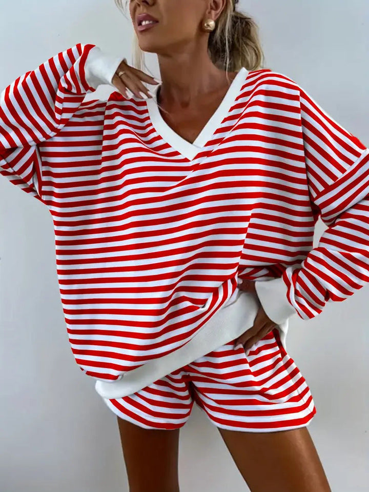 NOLANI™ – Relaxed Fit Striped V-Neck Lounge Set - Maison Léa &amp; Lou