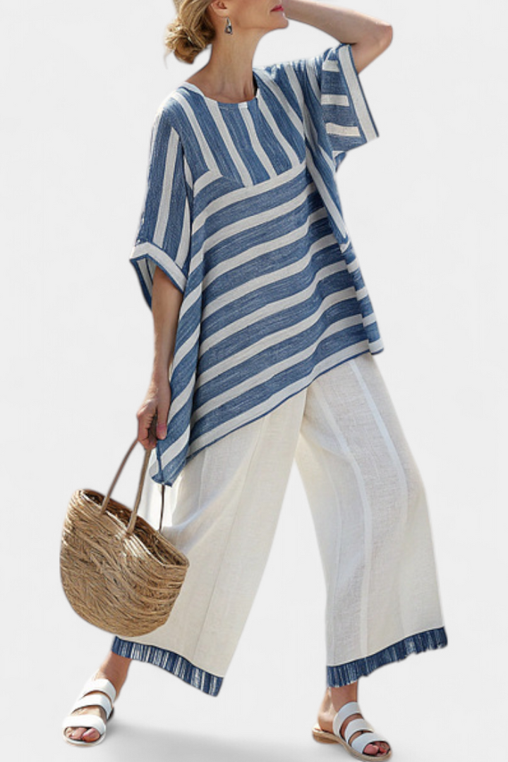 Corvielle | Sophisticated Blue Striped Top &amp; Hem-Detailed Pants - Maison Léa &amp; Lou