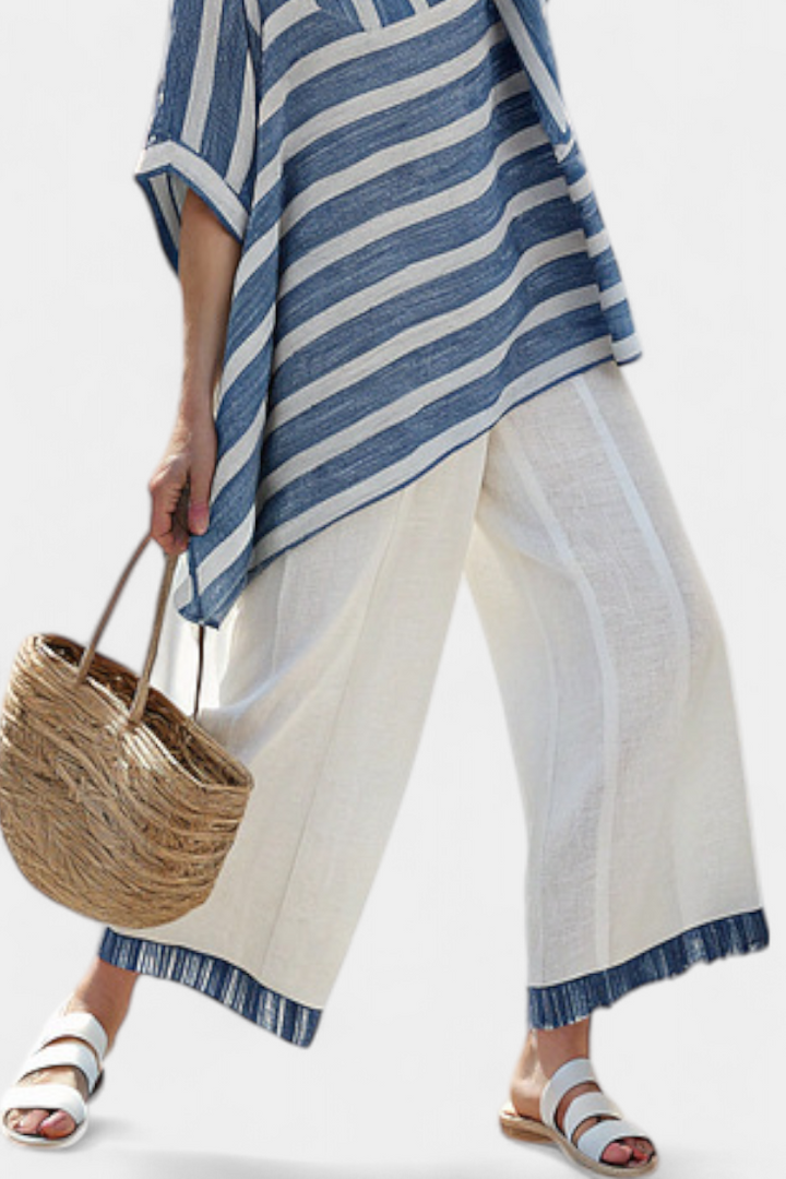 Corvielle | Sophisticated Blue Striped Top &amp; Hem-Detailed Pants - Maison Léa &amp; Lou