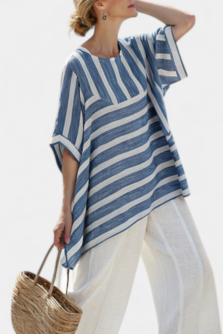 Corvielle | Sophisticated Blue Striped Top &amp; Hem-Detailed Pants - Maison Léa &amp; Lou