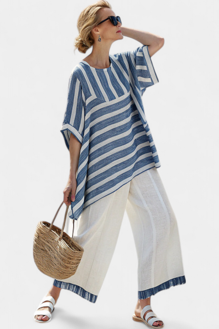 Corvielle | Sophisticated Blue Striped Top &amp; Hem-Detailed Pants - Maison Léa &amp; Lou