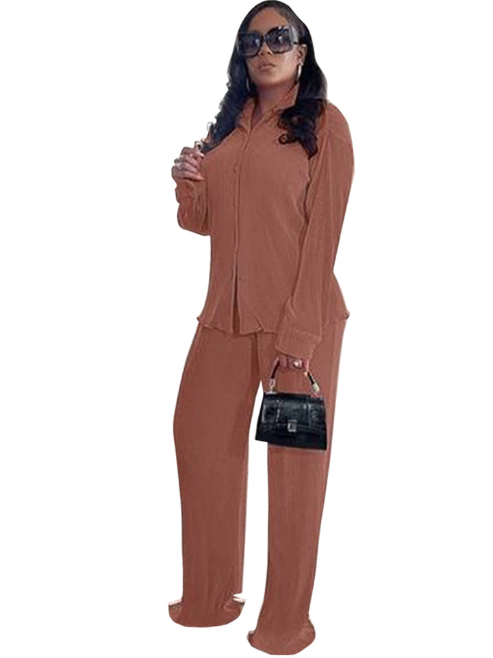 CLEO™ – Chic Collared Long Sleeve and Wide-Leg Pant Set