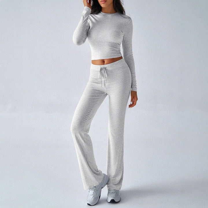 KUTIS™ - Casual Round Neck Crop Top and Drawstring High Waist Pants Set