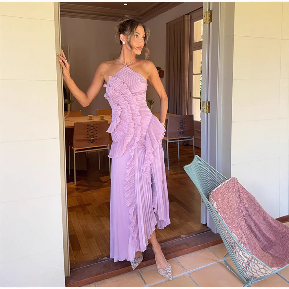 REGINE™ - Elegant Halter Neck Lotus Summer Maxi Dress - Maison Léa & Lou