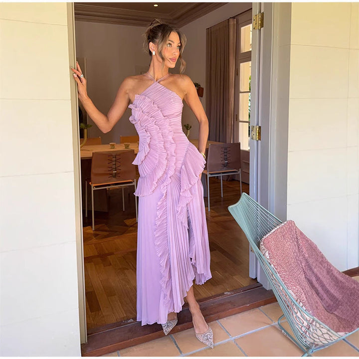 REGINE™ - Elegant Halter Neck Lotus Summer Maxi Dress - Maison Léa &amp; Lou