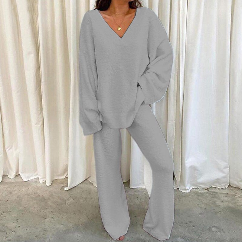 MULANA™ - Chic V-Neck Top and Wide Leg Pants Set - Maison Léa &amp; Lou