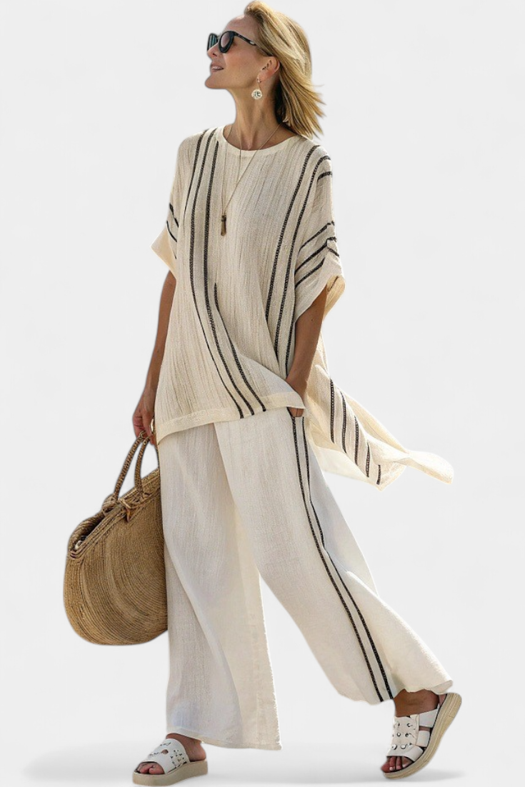 Greysen | Elegant Ivory Linen Blouse &amp; Black Striped Pants - Maison Léa &amp; Lou
